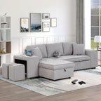 Modern L-Shape 3 Seat Reversible Sectional Couch, Pull Out Sleeper Sofa With Storage Chaise And 2 Stools For Living Room Furniture Set