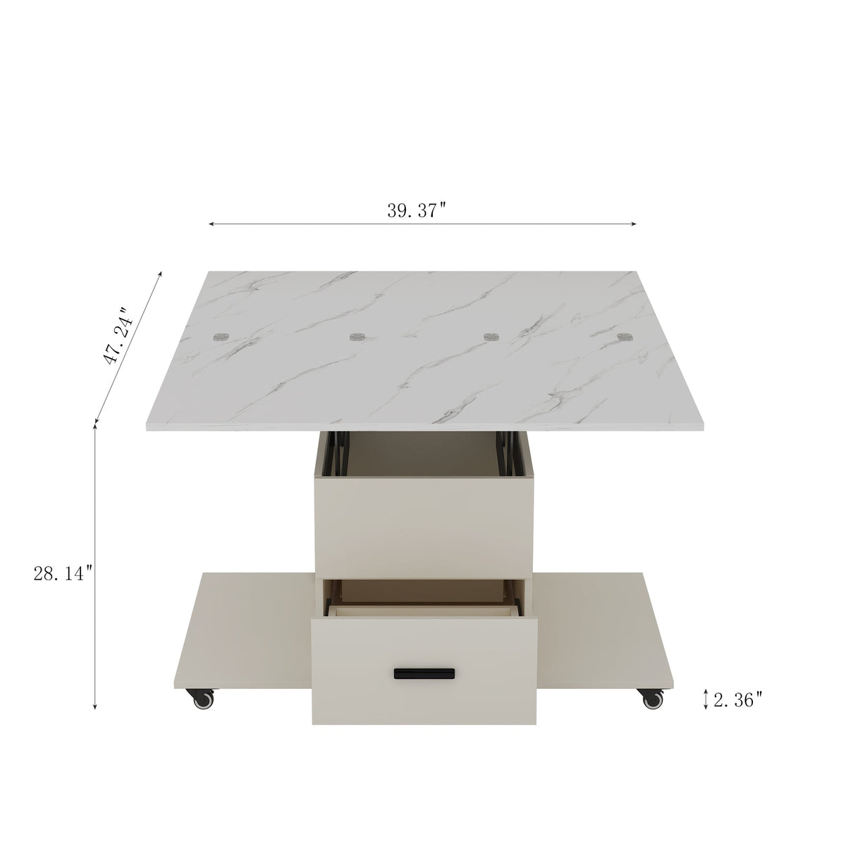 Modern lift coffee table, living room with 4 chairs, expandable 1 hidden storage space+2 drawers, folding dining table