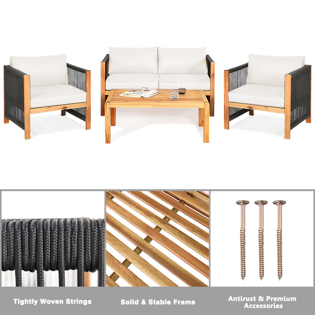 4 Pieces Wood Outdoor Patio Furniture Set with Cushions for Garden