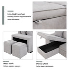 Modern L-Shape 3 Seat Reversible Sectional Couch, Pull Out Sleeper Sofa With Storage Chaise And 2 Stools For Living Room Furniture Set